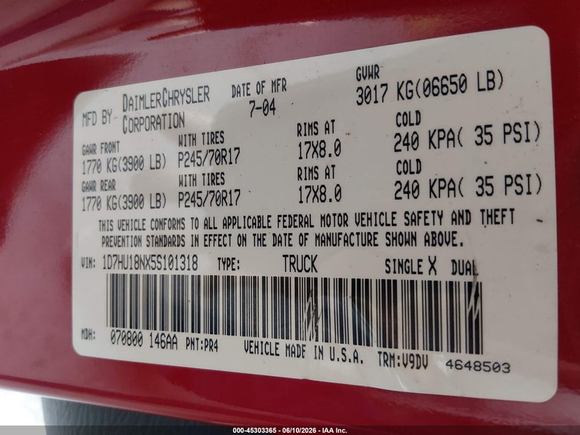 2005 Dodge Ram 1500 Slt/Laramie VIN: 1D7HU18NX5S101318 Lot: 45303365