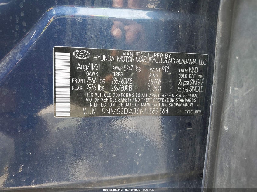2022 Hyundai Santa Fe Sel VIN: 5NMS2DAJ6NH389364 Lot: 45303412