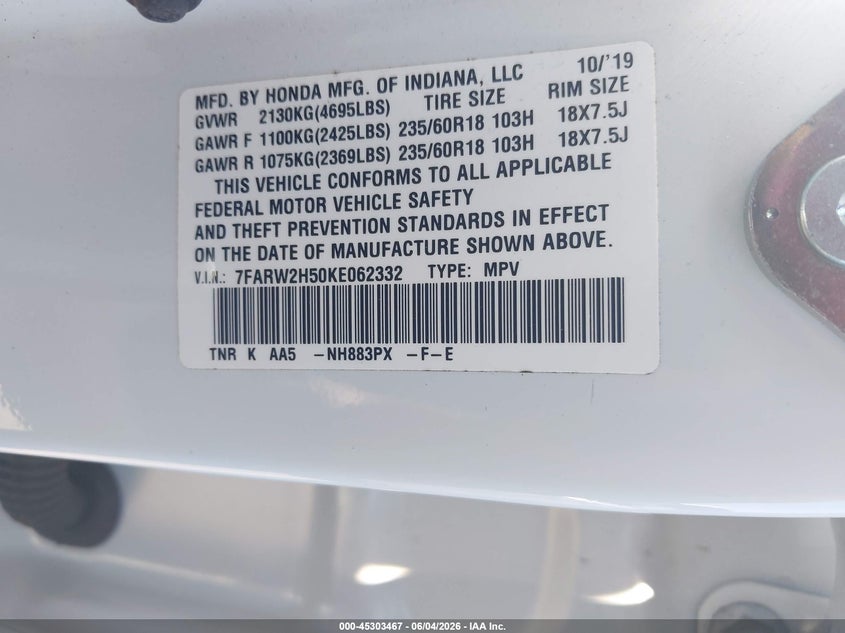 2019 Honda Cr-V Ex VIN: 7FARW2H50KE062332 Lot: 45303467