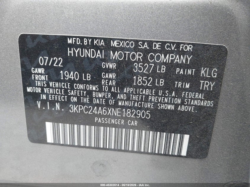 2022 HYUNDAI ACCENT SEDAN 1.6L I-4 DI, DOHC, VVT, 120HP