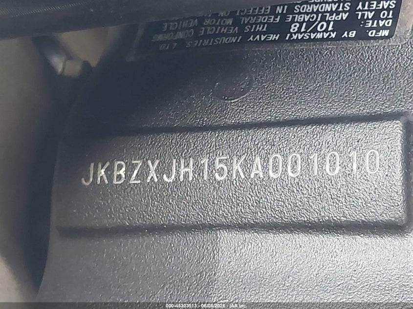 2019 Kawasaki Zx636 K VIN: JKBZXJH15KA001010 Lot: 45303513