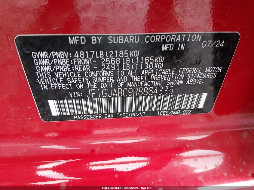 SUBARU IMPREZA 2024 VIN JF1GUABC9R8864338