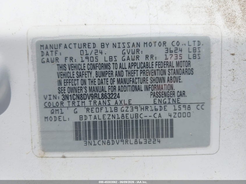 2024 NISSAN VERSA 1.6L I-4 DOHC, VVT, (VIN: 3N1CN8DV9RL863224
