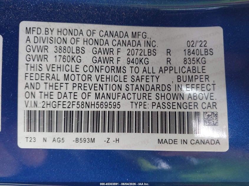 2022 Honda Civic Sport VIN: 2HGFE2F58NH569595 Lot: 45303591