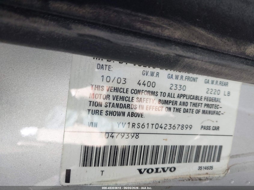 2004 VOLVO S60 SEDAN 2.4L I-5 DOHC, VVT, 168HP