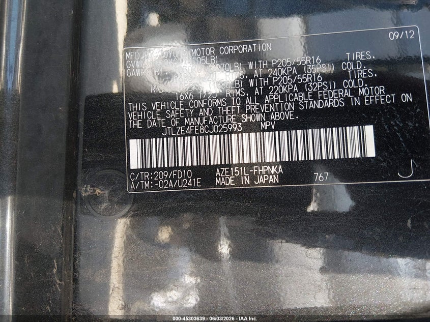2012 Scion Xb VIN: JTLZE4FE8CJ025993 Lot: 45303639