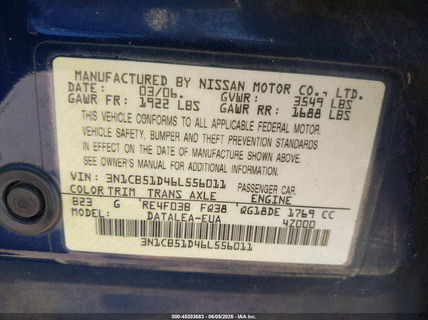 2006 Nissan Sentra 1.8S VIN: 3N1CB51D46L556011 Lot: 45303683