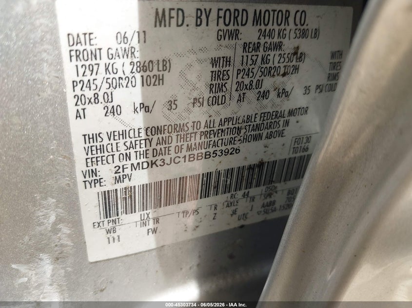 FORD EDGE 2011 VIN 2FMDK3JC1BBB53926
