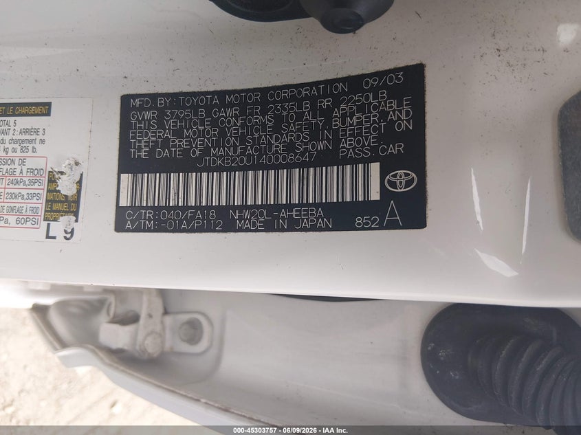 TOYOTA PRIUS 2004 VIN JTDKB20U140008647
