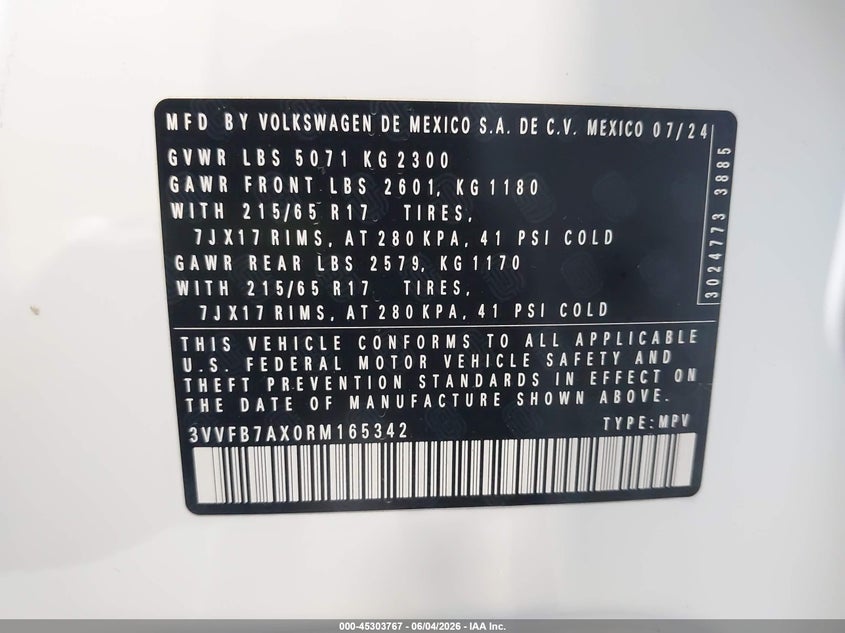 2024 Volkswagen Tiguan 2.0T S VIN: 3VVFB7AX0RM165342 Lot: 45303767
