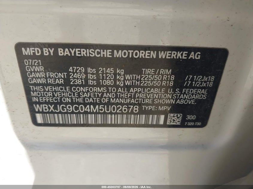 2021 BMW X1 xDrive28I VIN: WBXJG9C04M5U02678 Lot: 45303787