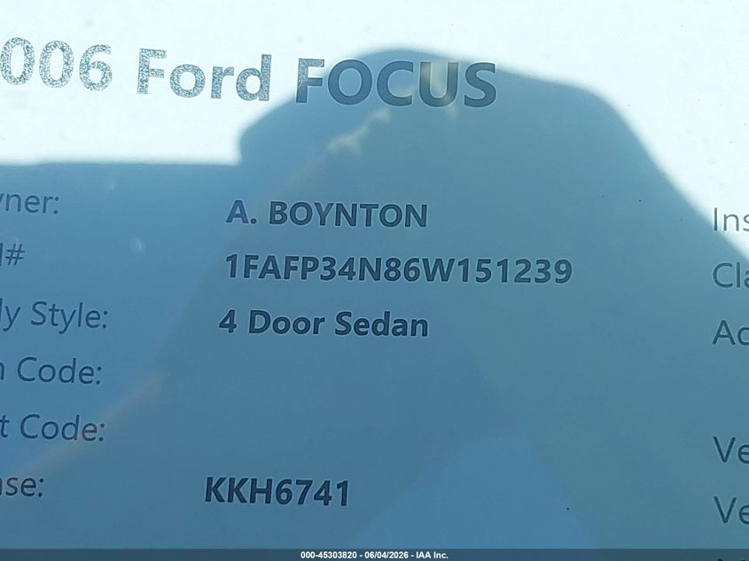 2006 Ford Focus Zx4 VIN: 1FAFP34N86W151239 Lot: 45303820