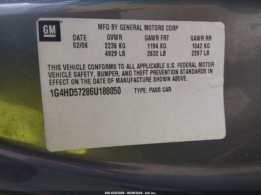 2006 Buick Lucerne Cxl VIN: 1G4HD57286U188050 Lot: 45303858