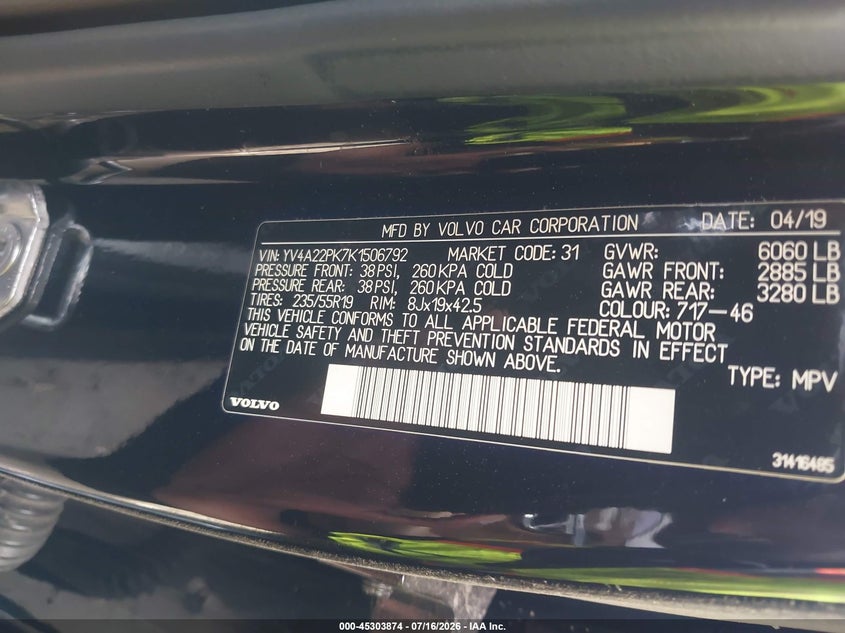 2019 VOLVO XC90 SPORT UTILITY VEHICLE 2.0L I-4 DI, DOHC, VVT, TURBO/SUPERCHARGER, 316HP