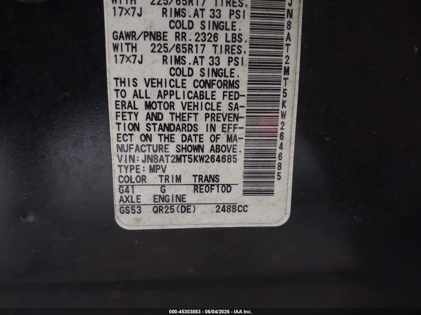 NISSAN ROGUE 2019 VIN JN8AT2MT5KW264685