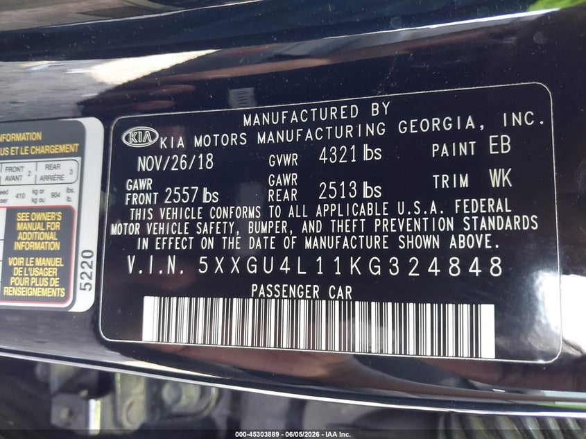 2019 KIA OPTIMA SEDAN 1.6L I-4 DI, DOHC, VVT, TURBO, 178HP