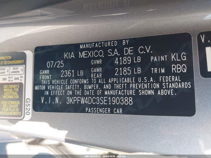 2025 Kia K4 Gt-Line Turbo VIN: 3KPFW4DC3SE190388 Lot: 45303916