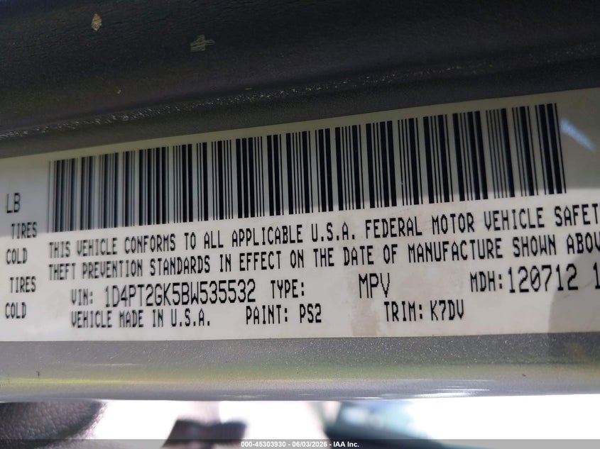 2011 Dodge Nitro Se VIN: 1D4PT2GK5BW535532 Lot: 45303930