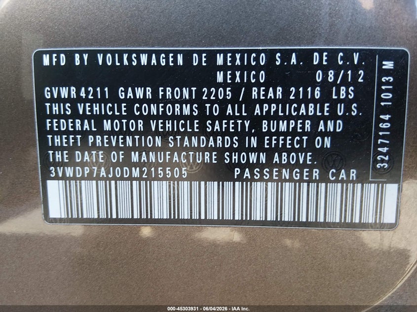 2013 Volkswagen Jetta 2.5L Se VIN: 3VWDP7AJ0DM215505 Lot: 45303931