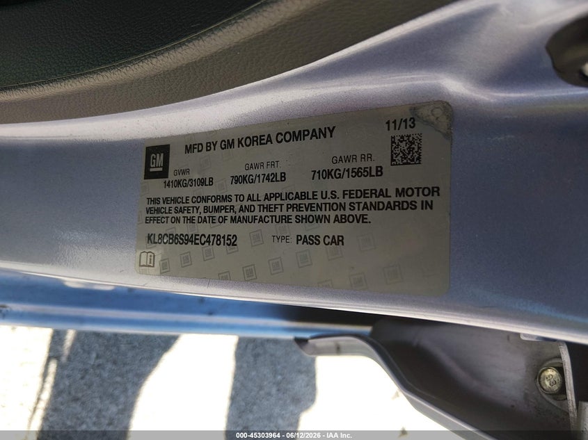 2014 Chevrolet Spark Ls Auto VIN: KL8CB6S94EC478152 Lot: 45303964
