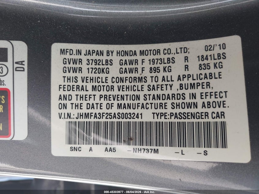 2010 Honda Civic Hybrid VIN: JHMFA3F25AS003241 Lot: 45303977