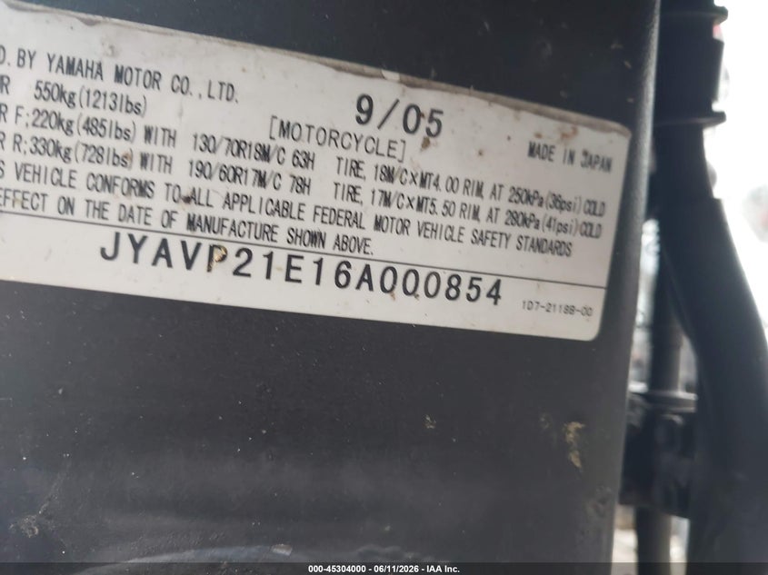 2006 Yamaha Xv1900 A VIN: JYAVP21E16A000854 Lot: 45304000