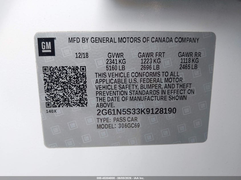 2019 Cadillac Xts Luxury VIN: 2G61N5S33K9128190 Lot: 45304008
