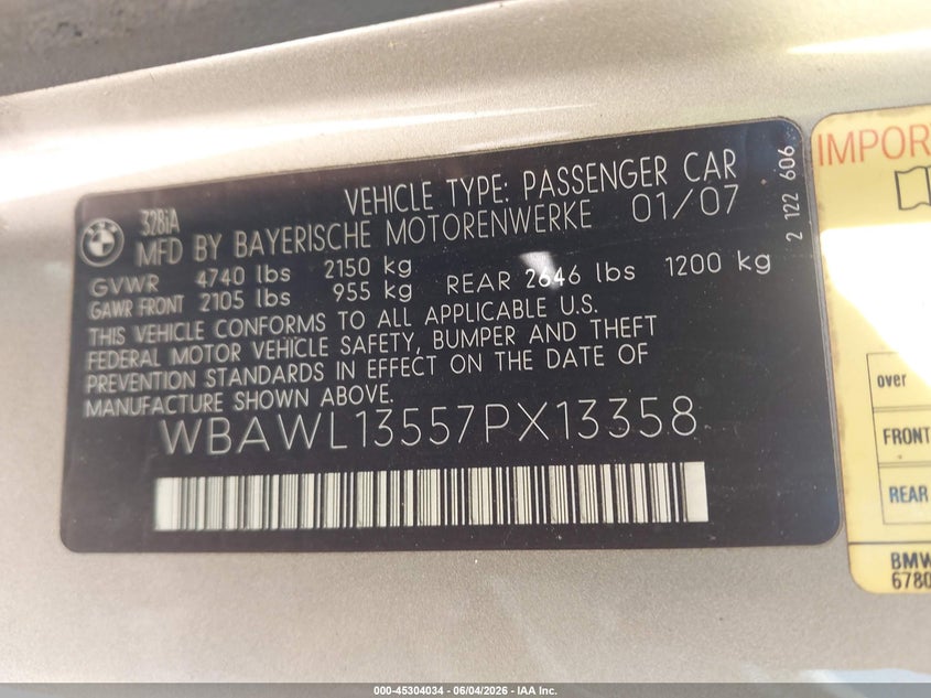 2007 BMW 328I VIN: WBAWL13557PX13358 Lot: 45304034