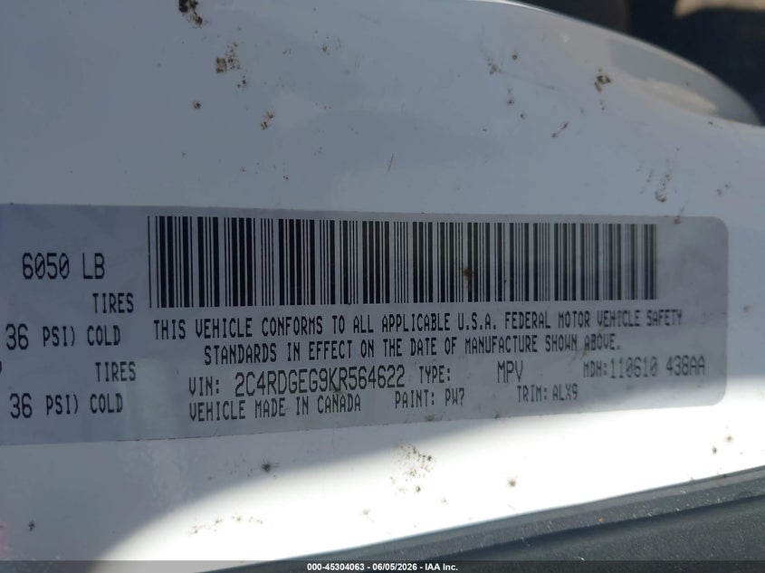 2C4RDGEG9KR564622 2019 Dodge Caravan 3.6 Grand Gt white