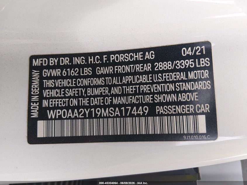 2021 PORSCHE TAYCAN ELECTRIC(VIN: WP0AA2Y19MSA17449