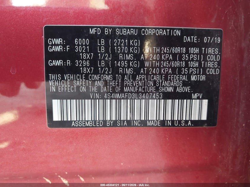 2020 Subaru Ascent Premium VIN: 4S4WMAFD3L3407453 Lot: 45304121