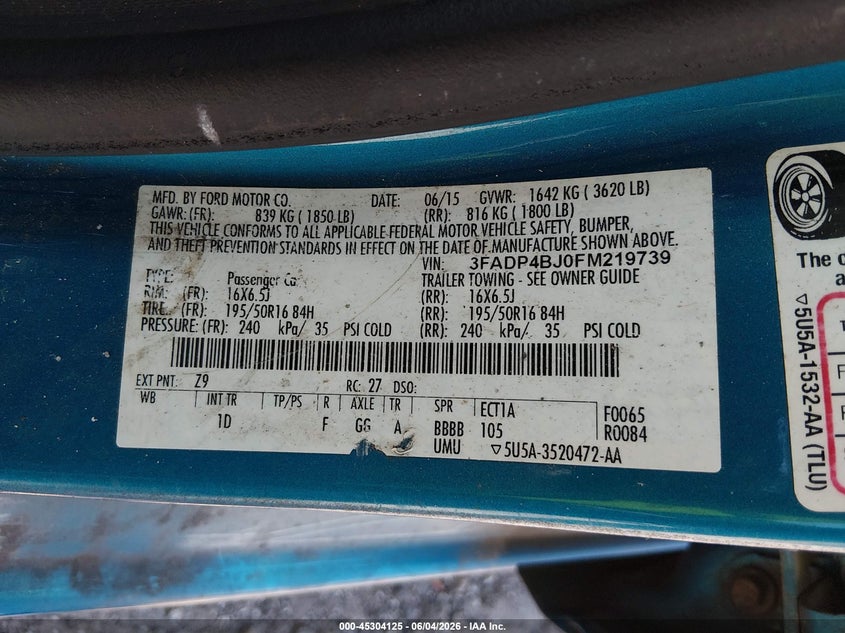 2015 Ford Fiesta Se VIN: 3FADP4BJ0FM219739 Lot: 45304125
