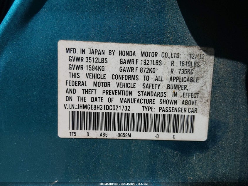 2013 Honda Fit VIN: JHMGE8H31DC021732 Lot: 45304138