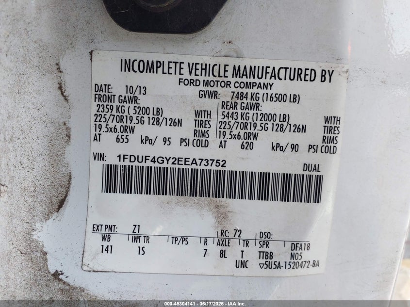 2014 Ford F-450 Chassis Xl VIN: 1FDUF4GY2EEA73752 Lot: 45304141
