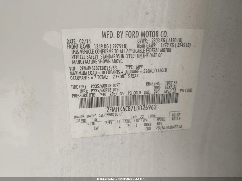 2014 Ford Flex Sel VIN: 2FMHK6C87EBD26963 Lot: 45304148