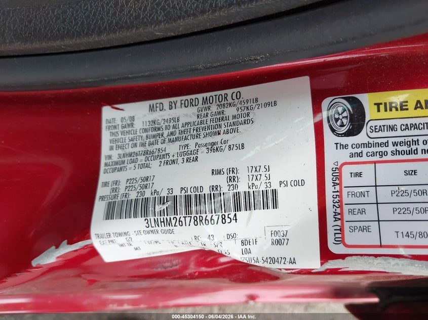2008 Lincoln Mkz VIN: 3LNHM26T78R667854 Lot: 45304150