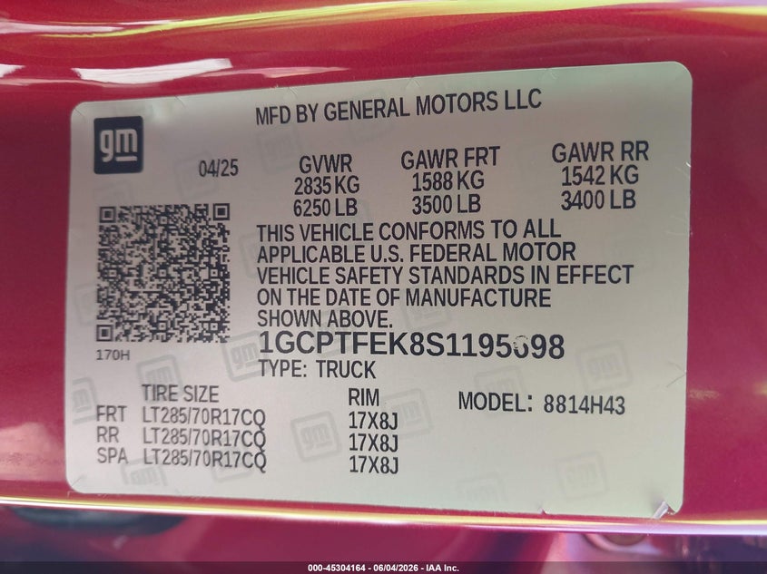 2025 Chevrolet Colorado 4Wd Zr2 VIN: 1GCPTFEK8S1195698 Lot: 45304164