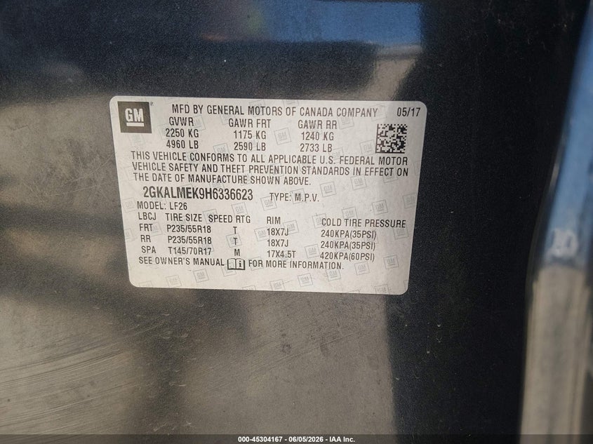 2017 Gmc Terrain 2.4 Sle-1 grey Lot 111045304167 Vin 2GKALMEK9H6336623