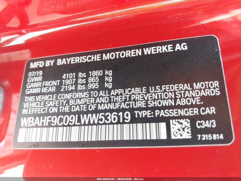 2020 BMW Z4 M40I VIN: WBAHF9C09LWW53619 Lot: 45304181