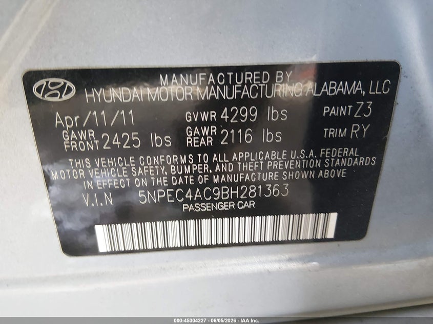 2011 HYUNDAI SONATA SEDAN 2.4L I-4 DI, DOHC, VVT, 200HP