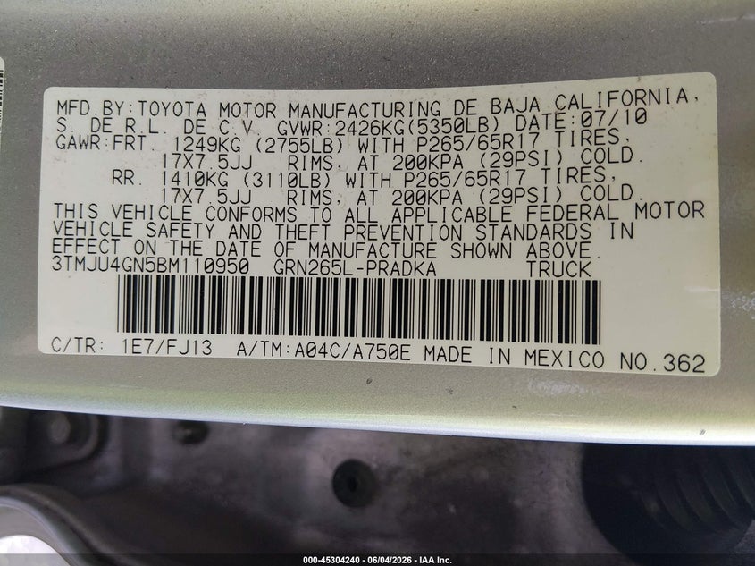 2011 Toyota Tacoma Prerunner V6 VIN: 3TMJU4GN5BM110950 Lot: 45304240