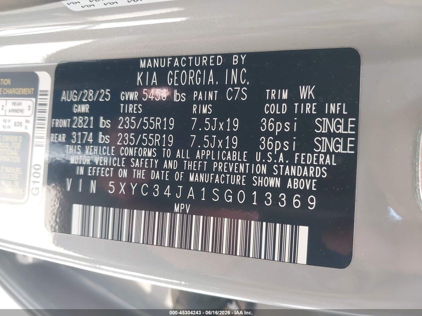 2025 Kia Ev6 Light Long Range Rwd VIN: 5XYC34JA1SG013369 Lot: 45304243
