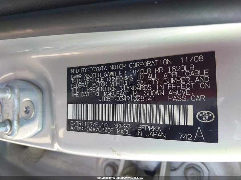 2009 Toyota Yaris VIN: JTDBT903491328141 Lot: 45304256
