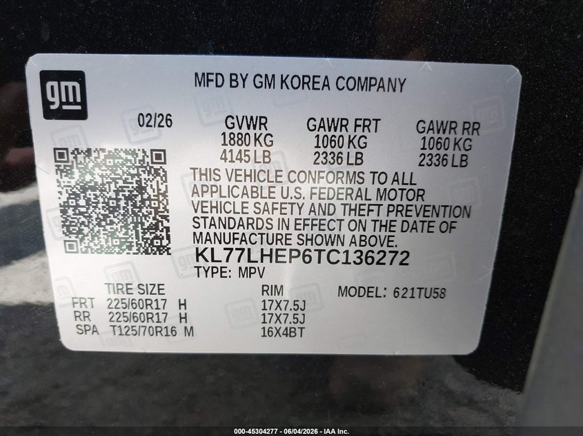 2026 Chevrolet Trax Fwd Lt VIN: KL77LHEP6TC136272 Lot: 45304277