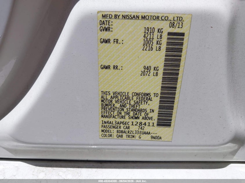 2014 Nissan Altima 2.5 S VIN: 1N4AL3AP6EC128411 Lot: 45304308