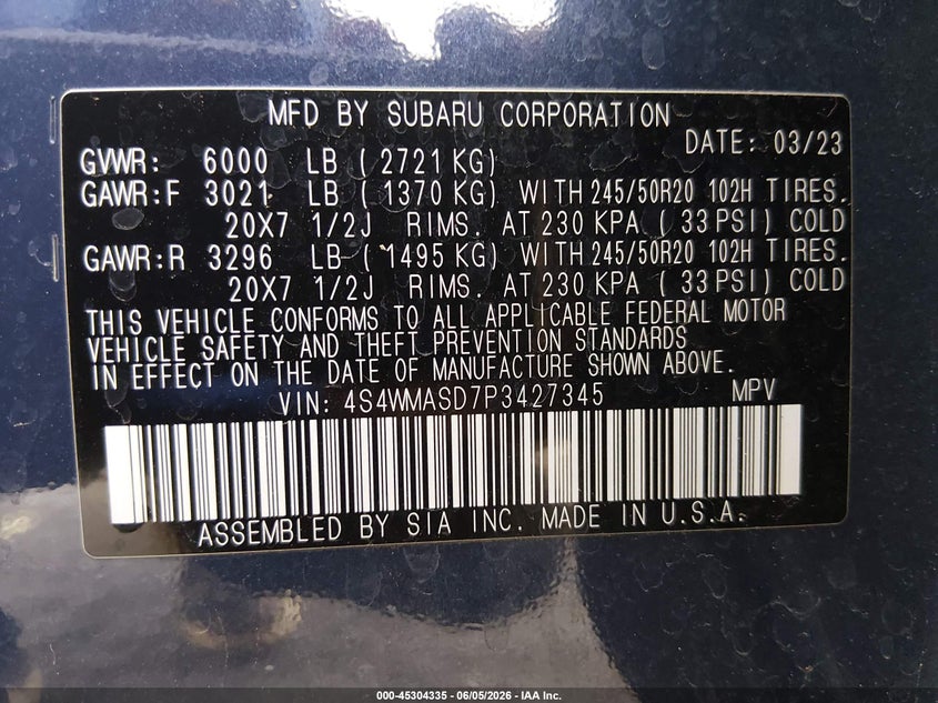 2023 SUBARU ASCENT 2.4L H-4 DI, DOHC, V(VIN: 4S4WMASD7P3427345