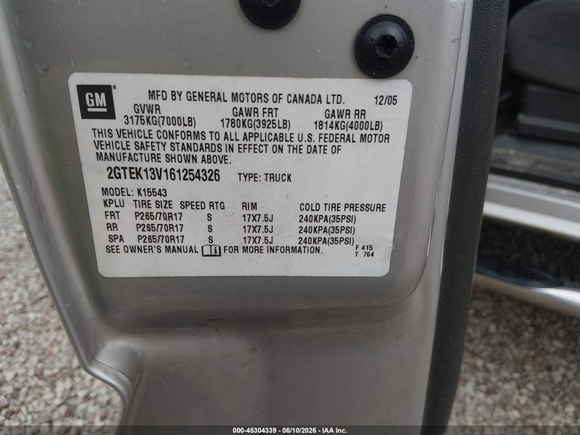 2006 GMC Sierra 1500 Sl VIN: 2GTEK13V161254326 Lot: 45304339
