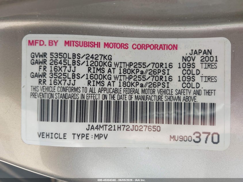 2002 Mitsubishi Montero Sport Es/Ls VIN: JA4MT21H72J027650 Lot: 45304346