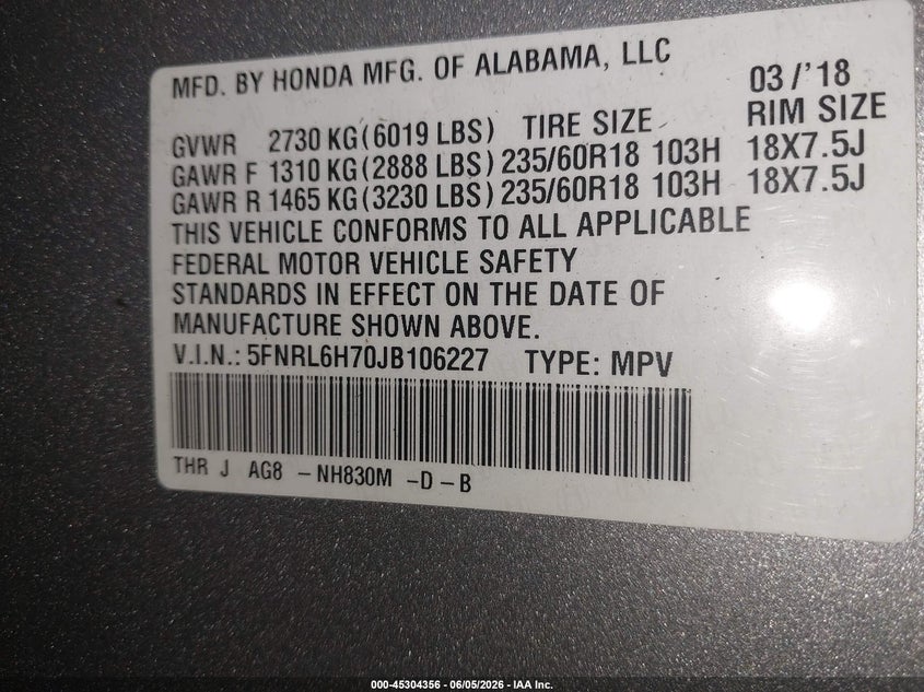 2018 Honda Odyssey Ex-L VIN: 5FNRL6H70JB106227 Lot: 45304356