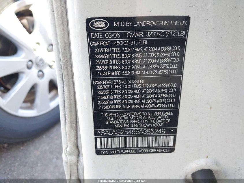 2006 Land Rover Lr3 V8 Hse VIN: SALAG25456A385249 Lot: 45304459